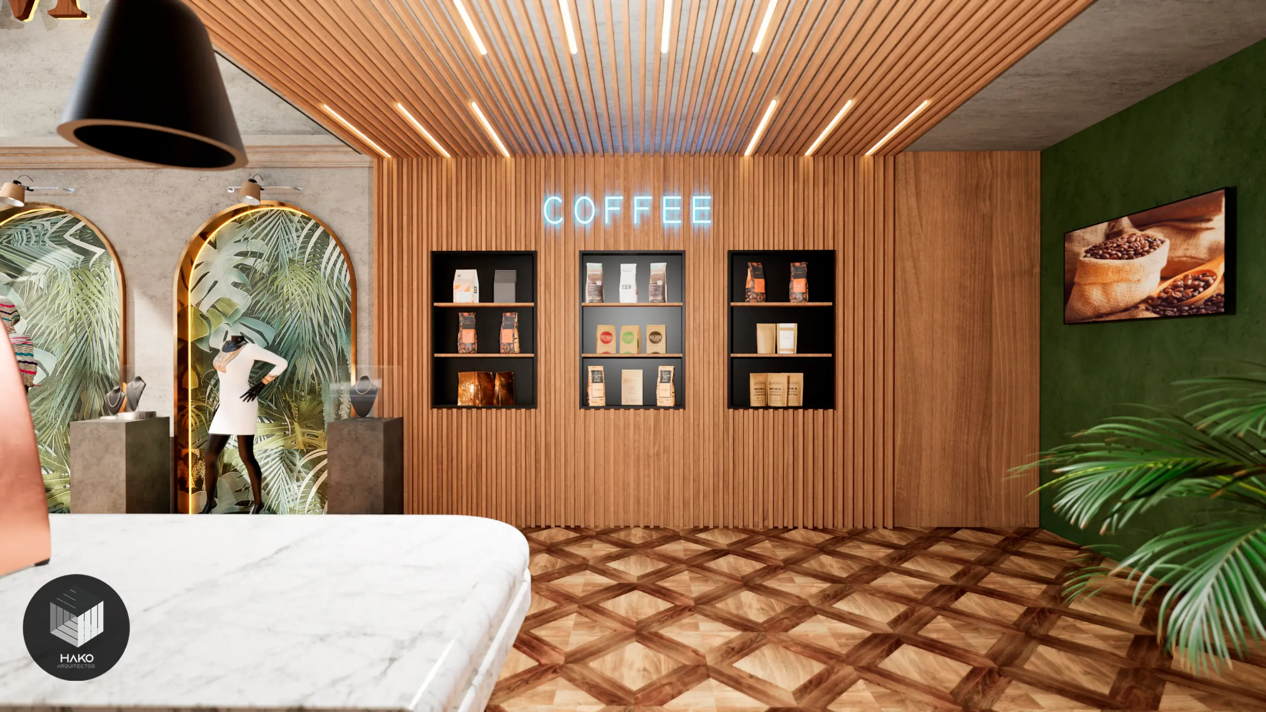 Diseño interior de local comercial de una cafetería que mejora la experiencia del cliente y resalta la marca - Hako Arquitectos