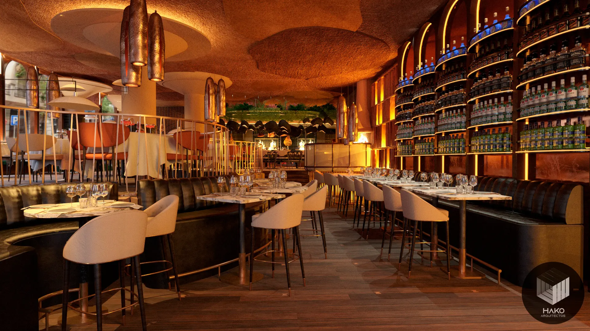 Render interior fotorrealista de restaurante moderno con ambientación nocturna
