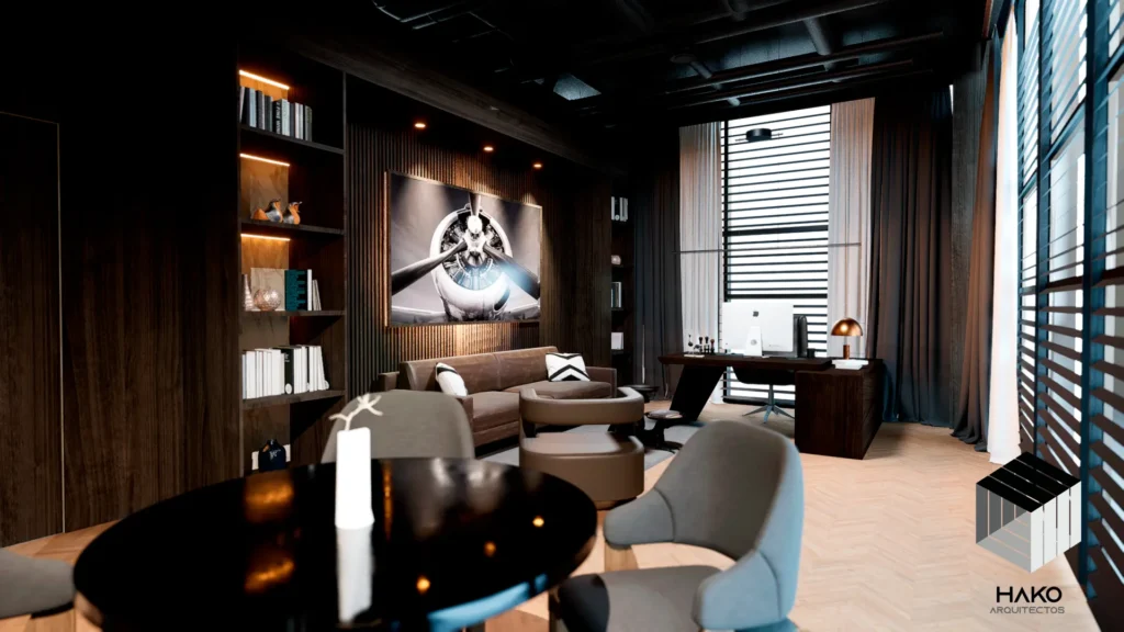 Diseño de oficinas modernas, tonos oscuros